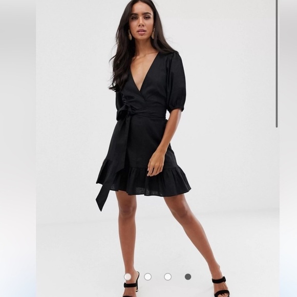 ASOS Design Black Ruffle Wrap Dress Size 4 Deep Plunging V-Neck Short Above Knee - Picture 3 of 16